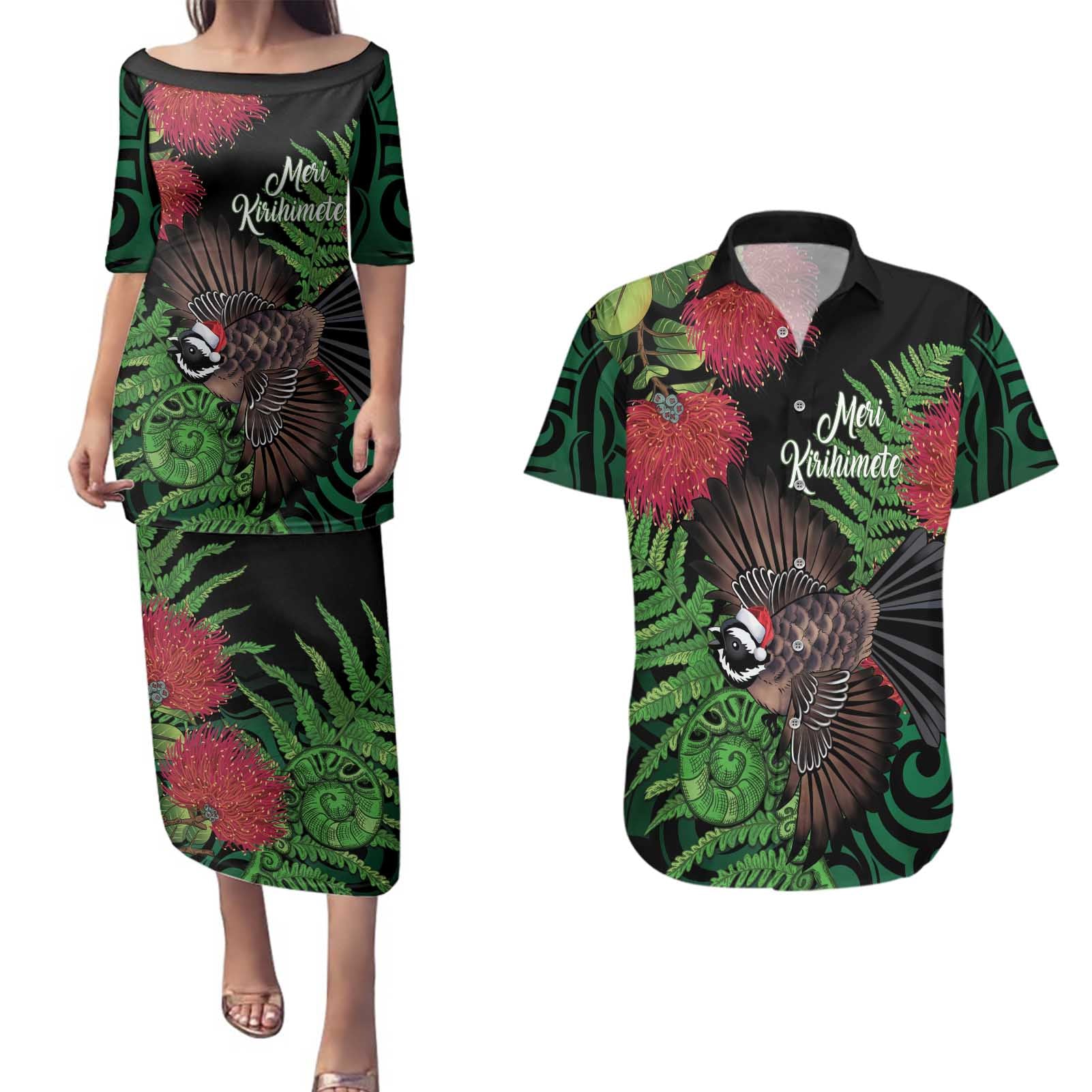 Meri Kirihimete New Zealand Couples Matching Puletasi and Hawaiian Shirt Piwakawaka Koru Fern Mix Pohutukawa - Aussie Hoodie