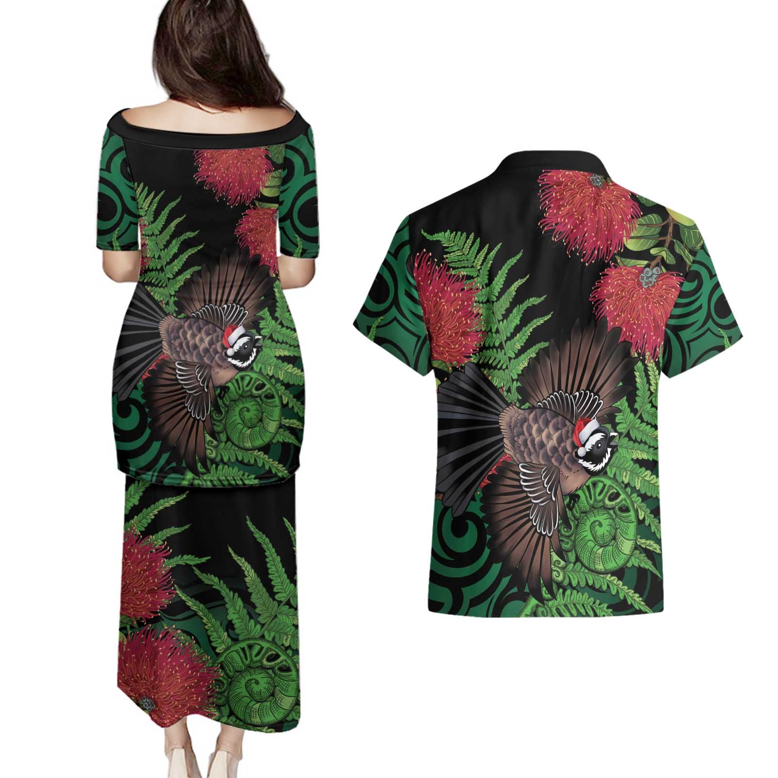 Meri Kirihimete New Zealand Couples Matching Puletasi and Hawaiian Shirt Piwakawaka Koru Fern Mix Pohutukawa - Aussie Hoodie