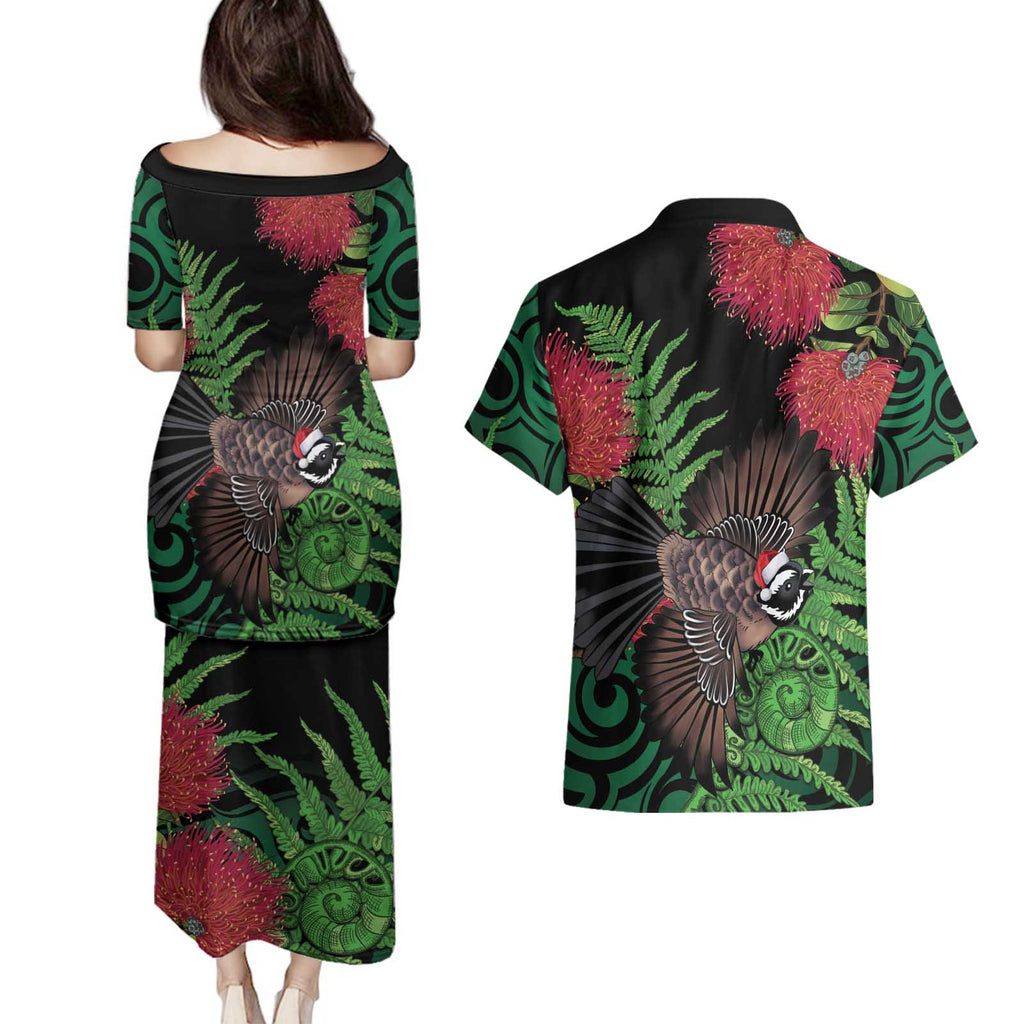 Meri Kirihimete New Zealand Couples Matching Puletasi and Hawaiian Shirt Piwakawaka Koru Fern Mix Pohutukawa - Aussie Hoodie