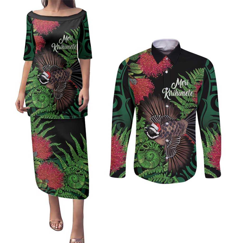 Meri Kirihimete New Zealand Couples Matching Puletasi and Long Sleeve Button Shirt Piwakawaka Koru Fern Mix Pohutukawa - Aussie Hoodie