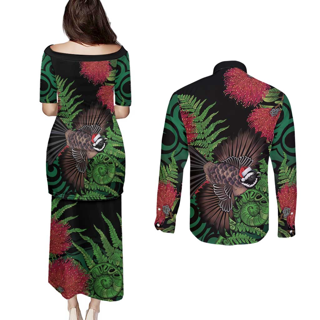 Meri Kirihimete New Zealand Couples Matching Puletasi and Long Sleeve Button Shirt Piwakawaka Koru Fern Mix Pohutukawa - Aussie Hoodie