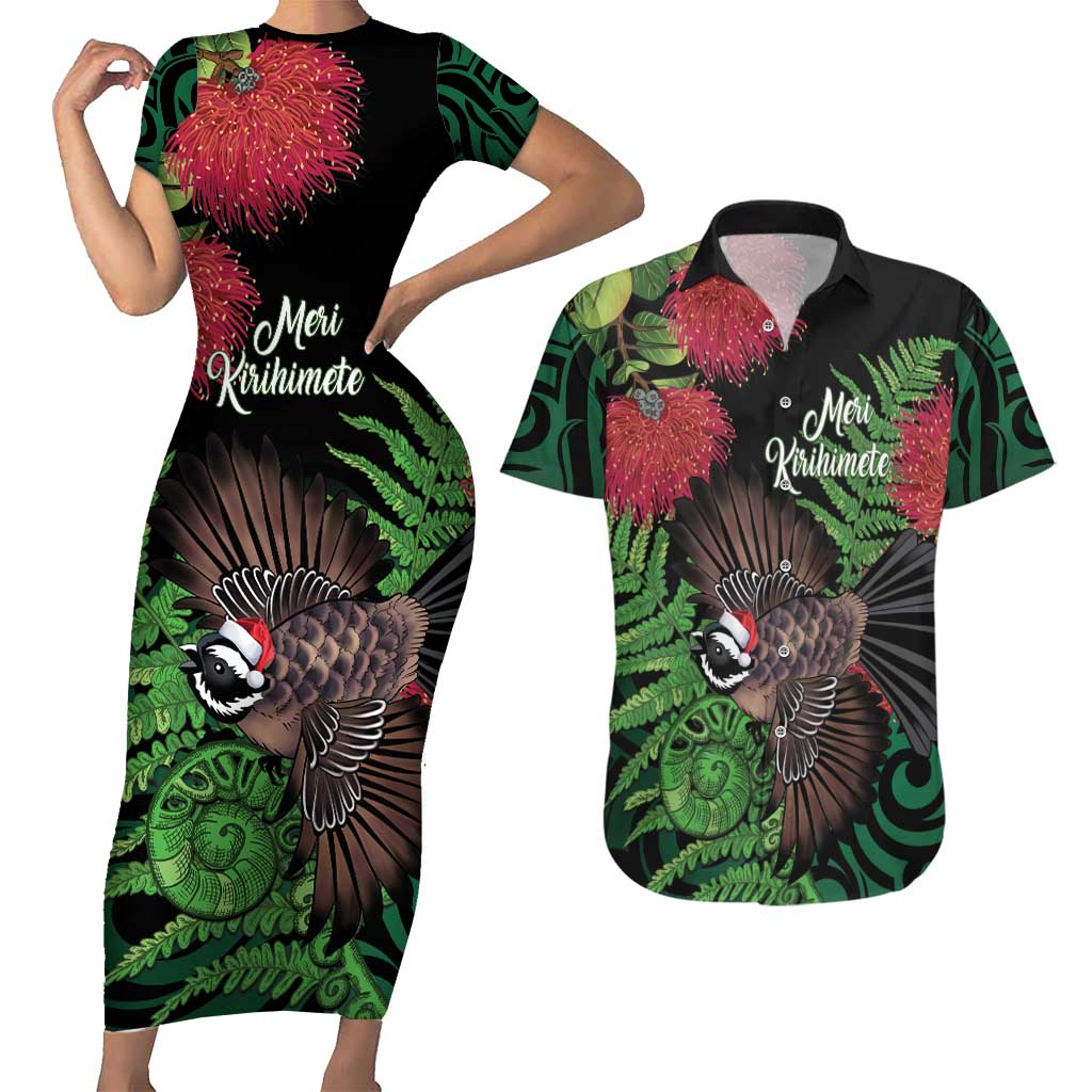 Meri Kirihimete New Zealand Couples Matching Short Sleeve Bodycon Dress and Hawaiian Shirt Piwakawaka Koru Fern Mix Pohutukawa - Aussie Hoodie