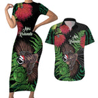 Meri Kirihimete New Zealand Couples Matching Short Sleeve Bodycon Dress and Hawaiian Shirt Piwakawaka Koru Fern Mix Pohutukawa - Aussie Hoodie