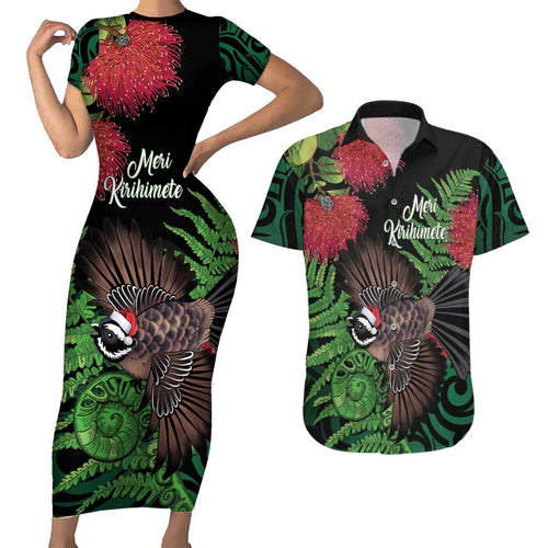 Meri Kirihimete New Zealand Couples Matching Short Sleeve Bodycon Dress and Hawaiian Shirt Piwakawaka Koru Fern Mix Pohutukawa - Aussie Hoodie
