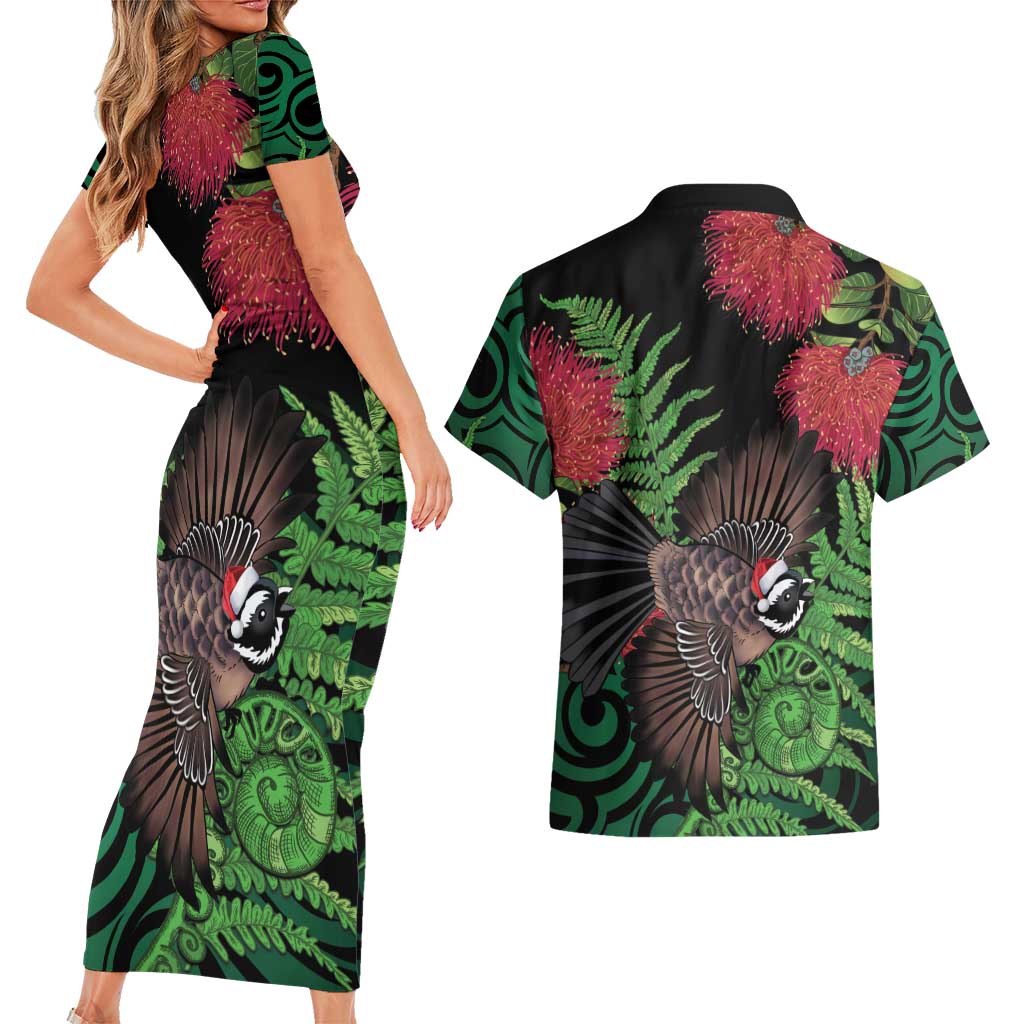 Meri Kirihimete New Zealand Couples Matching Short Sleeve Bodycon Dress and Hawaiian Shirt Piwakawaka Koru Fern Mix Pohutukawa - Aussie Hoodie