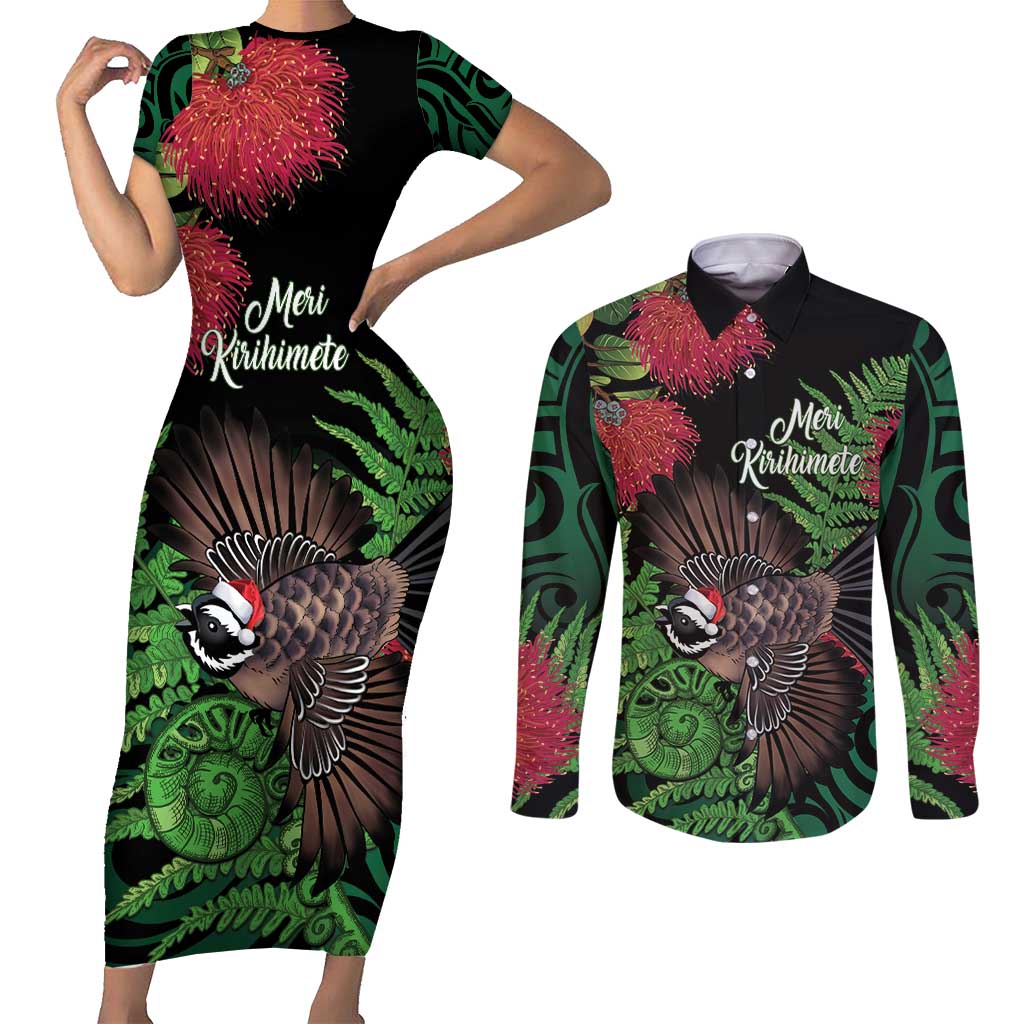 Meri Kirihimete New Zealand Couples Matching Short Sleeve Bodycon Dress and Long Sleeve Button Shirt Piwakawaka Koru Fern Mix Pohutukawa - Aussie Hoodie