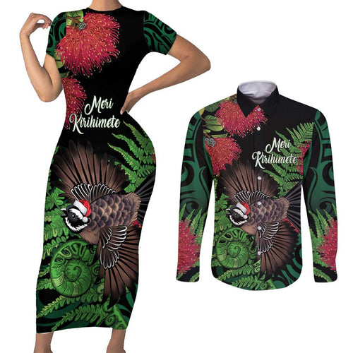 Meri Kirihimete New Zealand Couples Matching Short Sleeve Bodycon Dress and Long Sleeve Button Shirt Piwakawaka Koru Fern Mix Pohutukawa - Aussie Hoodie