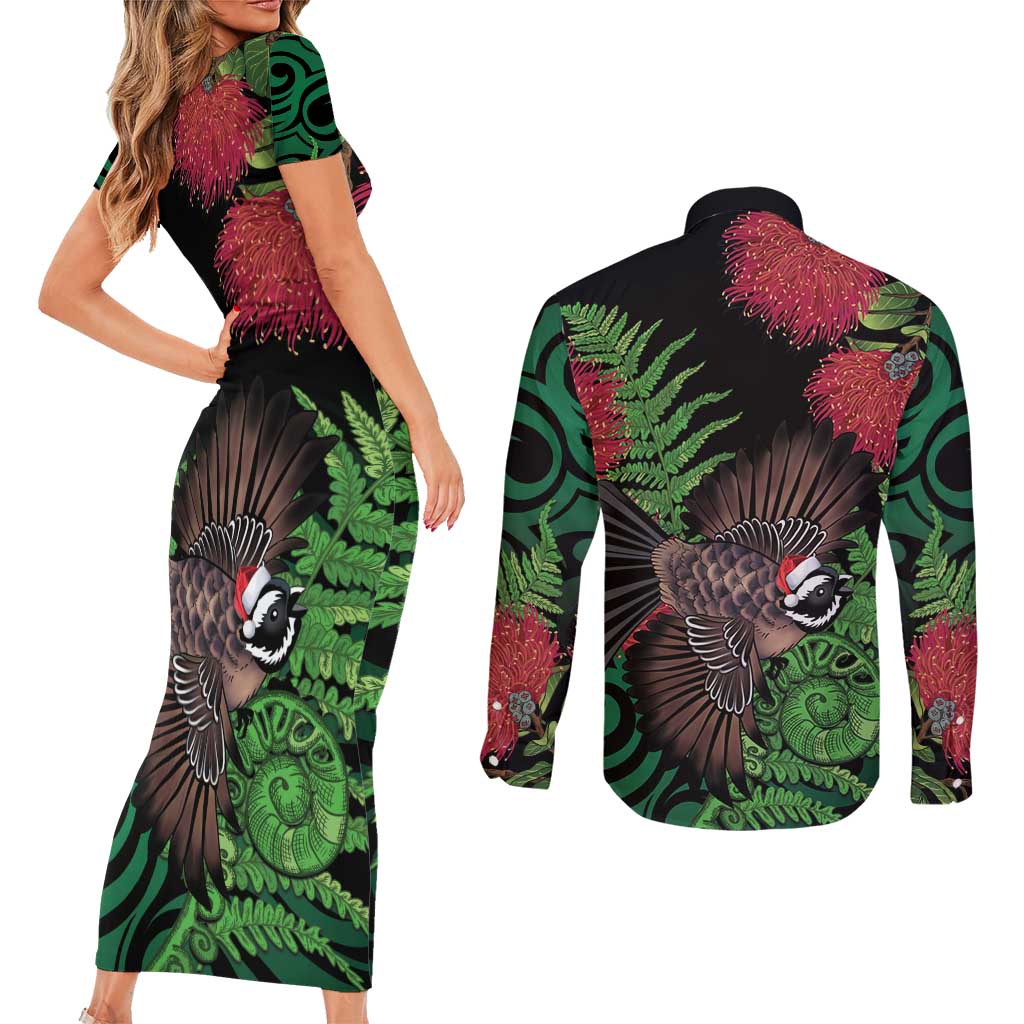 Meri Kirihimete New Zealand Couples Matching Short Sleeve Bodycon Dress and Long Sleeve Button Shirt Piwakawaka Koru Fern Mix Pohutukawa - Aussie Hoodie
