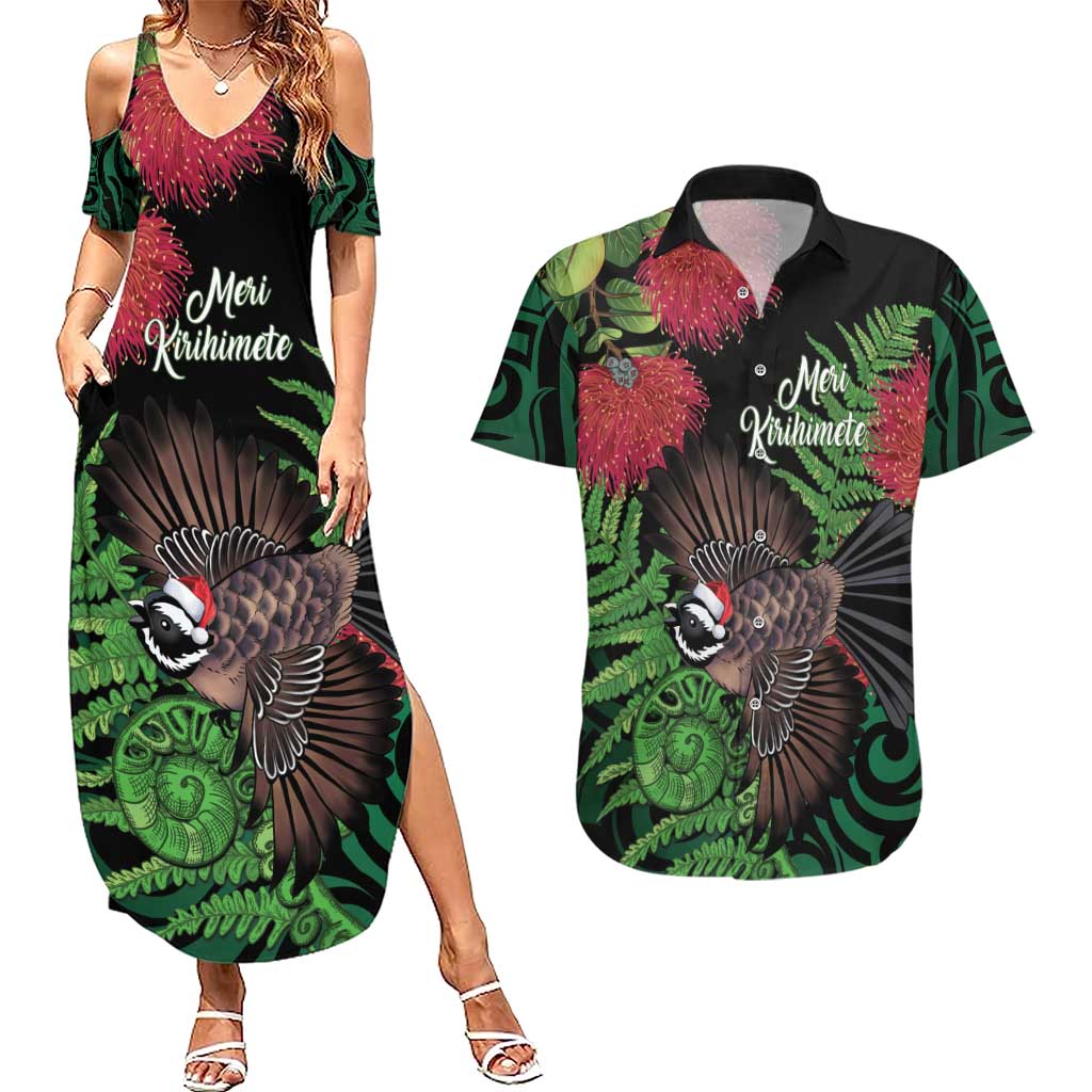 Meri Kirihimete New Zealand Couples Matching Summer Maxi Dress and Hawaiian Shirt Piwakawaka Koru Fern Mix Pohutukawa - Aussie Hoodie