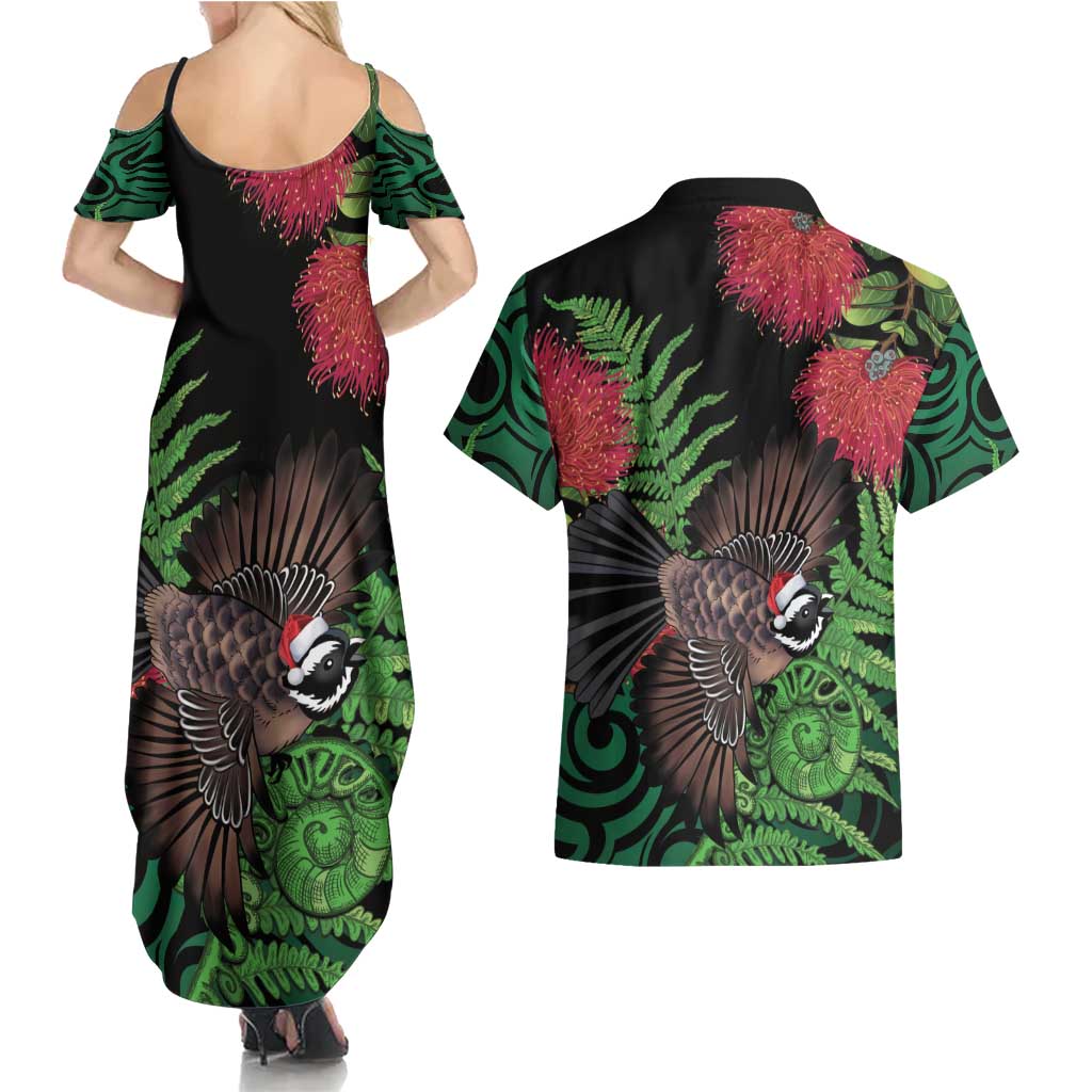 Meri Kirihimete New Zealand Couples Matching Summer Maxi Dress and Hawaiian Shirt Piwakawaka Koru Fern Mix Pohutukawa - Aussie Hoodie