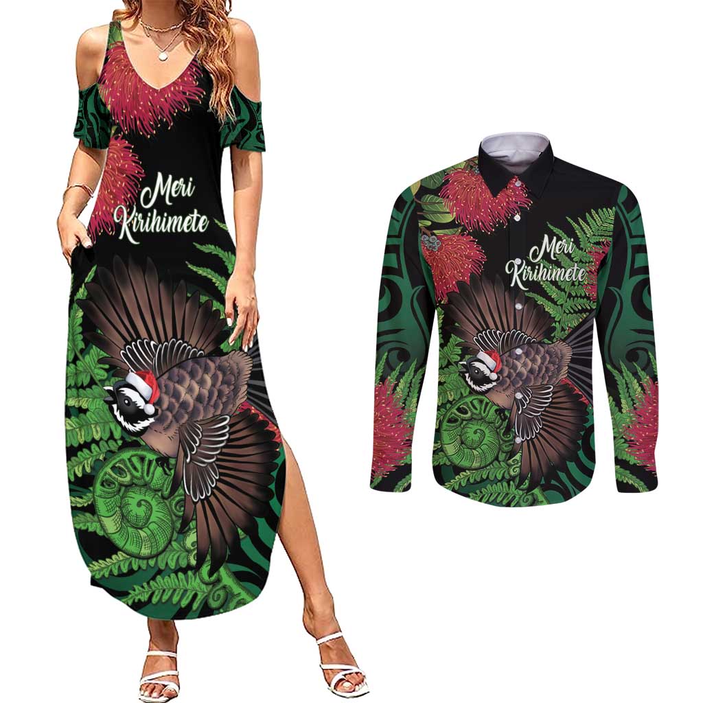 Meri Kirihimete New Zealand Couples Matching Summer Maxi Dress and Long Sleeve Button Shirt Piwakawaka Koru Fern Mix Pohutukawa - Aussie Hoodie