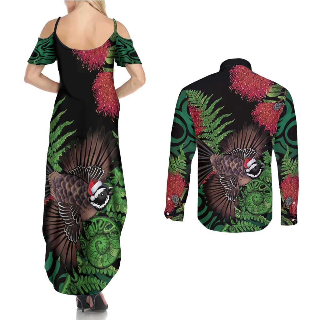 Meri Kirihimete New Zealand Couples Matching Summer Maxi Dress and Long Sleeve Button Shirt Piwakawaka Koru Fern Mix Pohutukawa - Aussie Hoodie