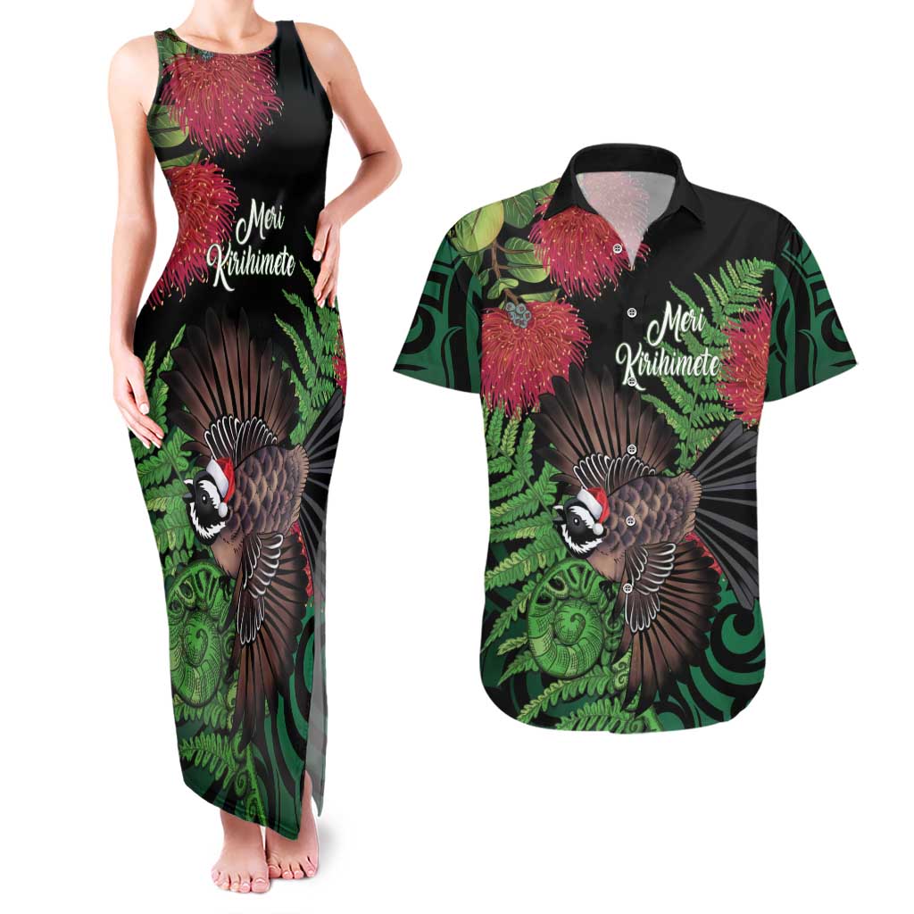 Meri Kirihimete New Zealand Couples Matching Tank Maxi Dress and Hawaiian Shirt Piwakawaka Koru Fern Mix Pohutukawa - Aussie Hoodie