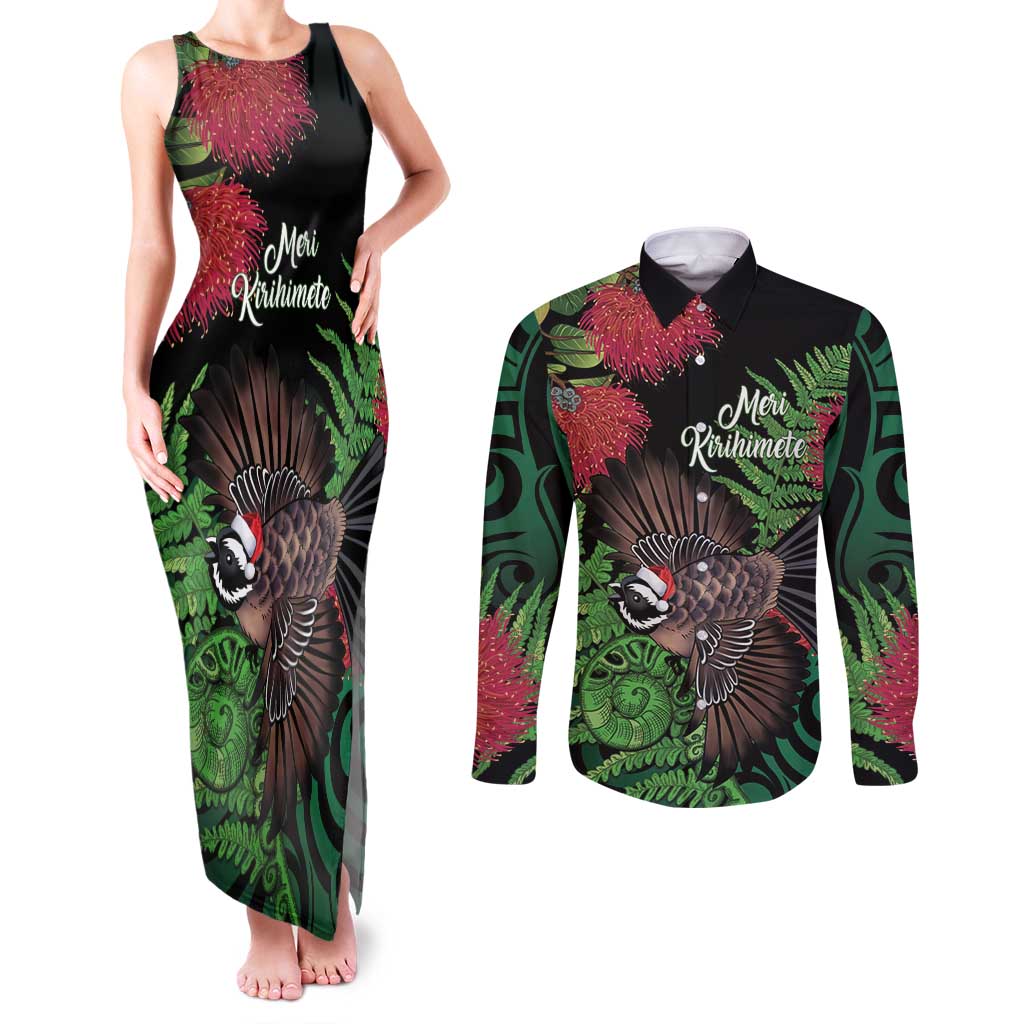 Meri Kirihimete New Zealand Couples Matching Tank Maxi Dress and Long Sleeve Button Shirt Piwakawaka Koru Fern Mix Pohutukawa - Aussie Hoodie