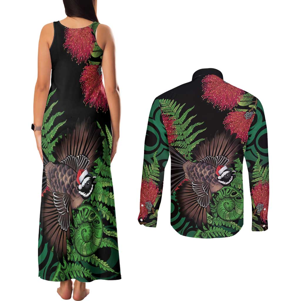 Meri Kirihimete New Zealand Couples Matching Tank Maxi Dress and Long Sleeve Button Shirt Piwakawaka Koru Fern Mix Pohutukawa - Aussie Hoodie