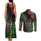 Meri Kirihimete New Zealand Couples Matching Tank Maxi Dress and Long Sleeve Button Shirt Piwakawaka Koru Fern Mix Pohutukawa - Aussie Hoodie