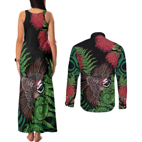 Meri Kirihimete New Zealand Couples Matching Tank Maxi Dress and Long Sleeve Button Shirt Piwakawaka Koru Fern Mix Pohutukawa - Aussie Hoodie