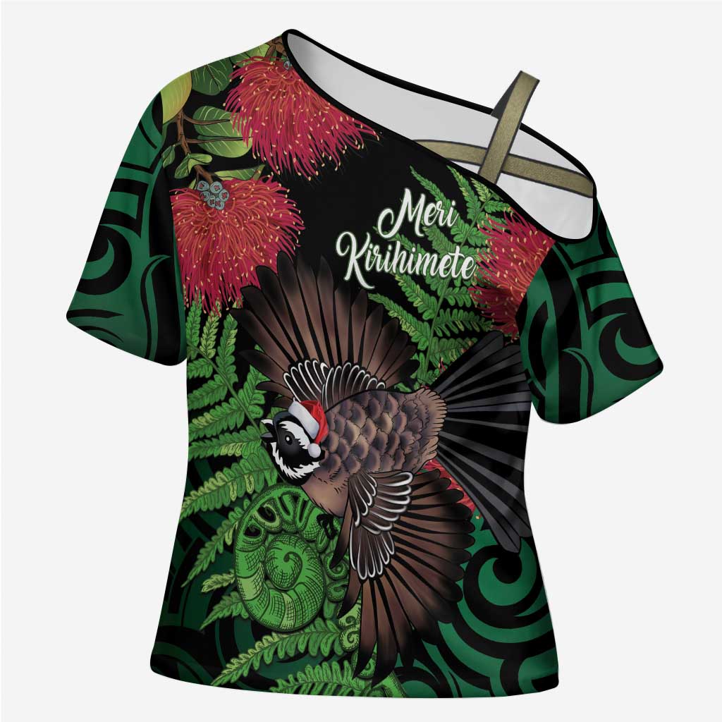Meri Kirihimete New Zealand Cross Shoulder Shirt Piwakawaka Koru Fern Mix Pohutukawa - Aussie Hoodie