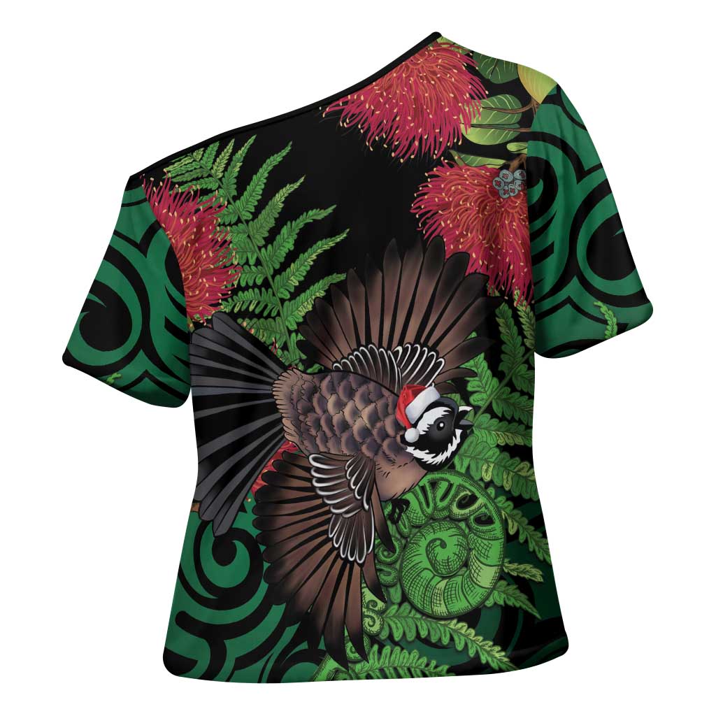 Meri Kirihimete New Zealand Cross Shoulder Shirt Piwakawaka Koru Fern Mix Pohutukawa - Aussie Hoodie