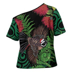 Meri Kirihimete New Zealand Cross Shoulder Shirt Piwakawaka Koru Fern Mix Pohutukawa - Aussie Hoodie