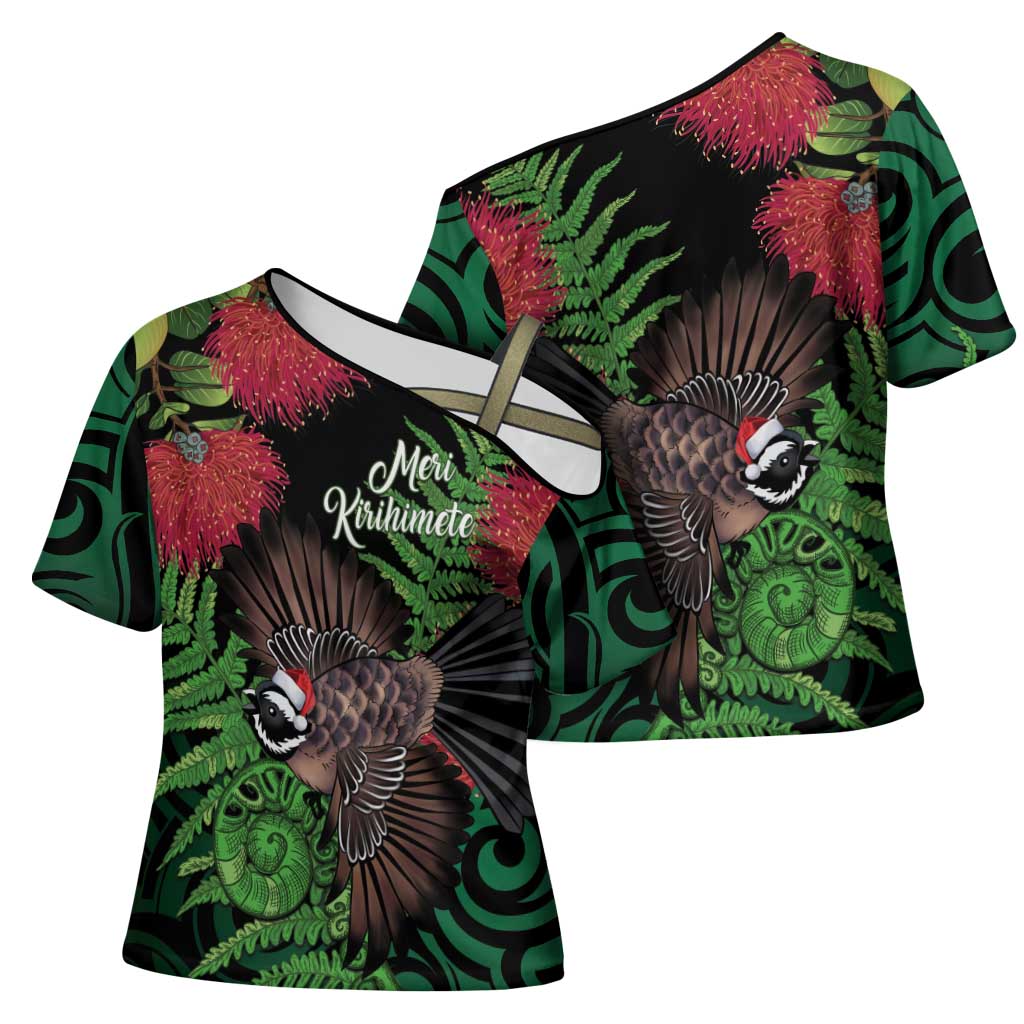 Meri Kirihimete New Zealand Cross Shoulder Shirt Piwakawaka Koru Fern Mix Pohutukawa - Aussie Hoodie