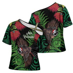 Meri Kirihimete New Zealand Cross Shoulder Shirt Piwakawaka Koru Fern Mix Pohutukawa - Aussie Hoodie