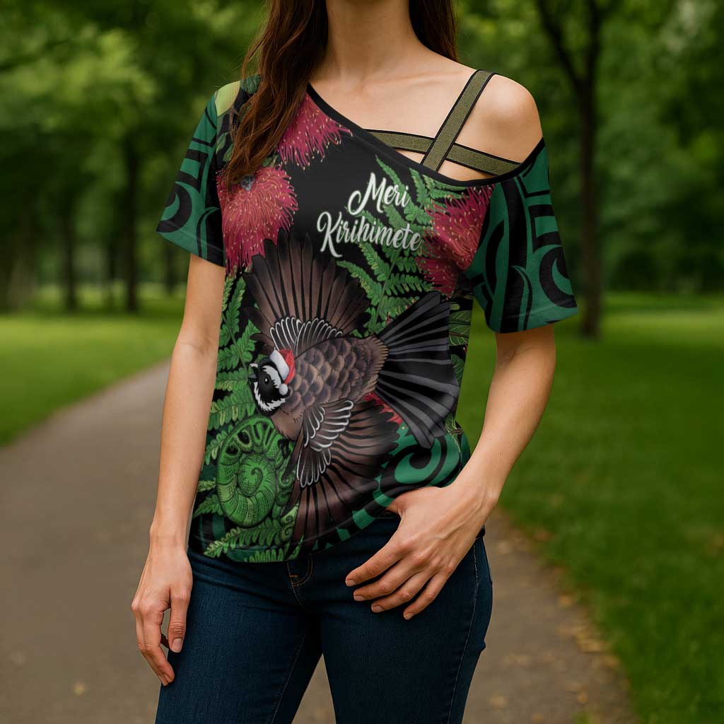 Meri Kirihimete New Zealand Cross Shoulder Shirt Piwakawaka Koru Fern Mix Pohutukawa - Aussie Hoodie