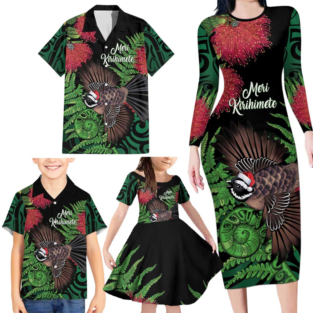 Meri Kirihimete New Zealand Family Matching Long Sleeve Bodycon Dress and Hawaiian Shirt Piwakawaka Koru Fern Mix Pohutukawa - Aussie Hoodie