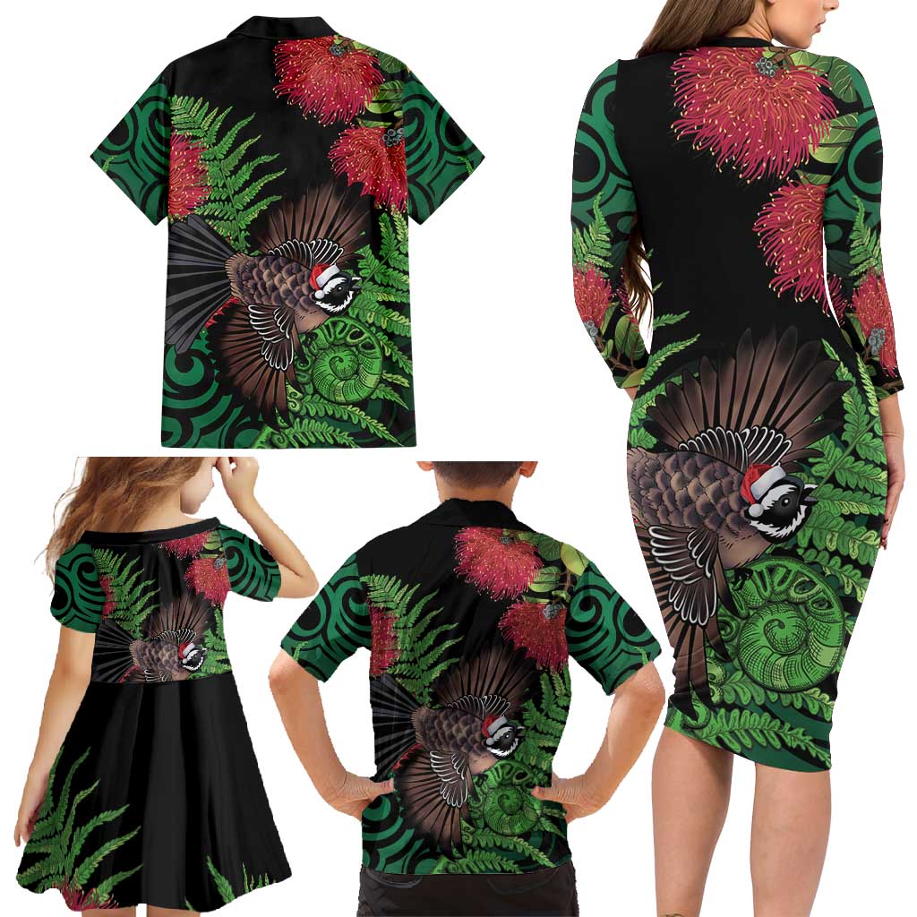 Meri Kirihimete New Zealand Family Matching Long Sleeve Bodycon Dress and Hawaiian Shirt Piwakawaka Koru Fern Mix Pohutukawa - Aussie Hoodie