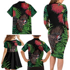 Meri Kirihimete New Zealand Family Matching Long Sleeve Bodycon Dress and Hawaiian Shirt Piwakawaka Koru Fern Mix Pohutukawa - Aussie Hoodie