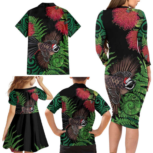 Meri Kirihimete New Zealand Family Matching Long Sleeve Bodycon Dress and Hawaiian Shirt Piwakawaka Koru Fern Mix Pohutukawa - Aussie Hoodie
