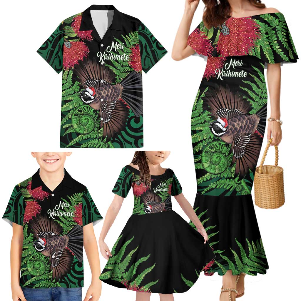 Meri Kirihimete New Zealand Family Matching Mermaid Dress and Hawaiian Shirt Piwakawaka Koru Fern Mix Pohutukawa - Aussie Hoodie