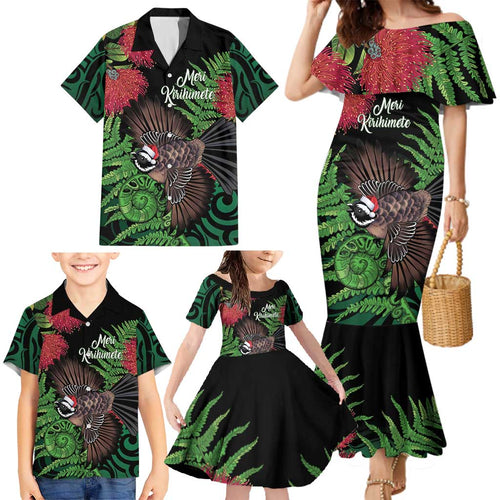 Meri Kirihimete New Zealand Family Matching Mermaid Dress and Hawaiian Shirt Piwakawaka Koru Fern Mix Pohutukawa - Aussie Hoodie