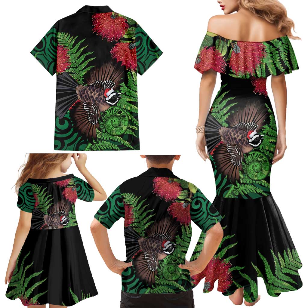 Meri Kirihimete New Zealand Family Matching Mermaid Dress and Hawaiian Shirt Piwakawaka Koru Fern Mix Pohutukawa - Aussie Hoodie