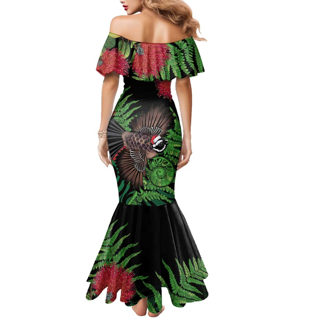 Meri Kirihimete New Zealand Family Matching Mermaid Dress and Hawaiian Shirt Piwakawaka Koru Fern Mix Pohutukawa - Aussie Hoodie