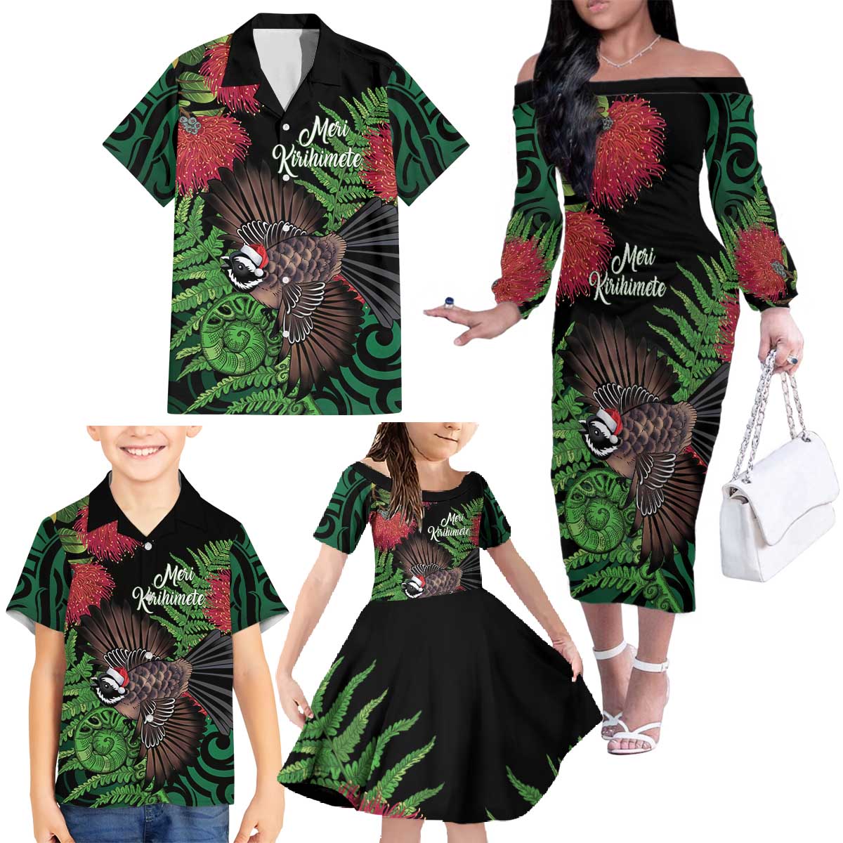Meri Kirihimete New Zealand Family Matching Off The Shoulder Long Sleeve Dress and Hawaiian Shirt Piwakawaka Koru Fern Mix Pohutukawa - Aussie Hoodie
