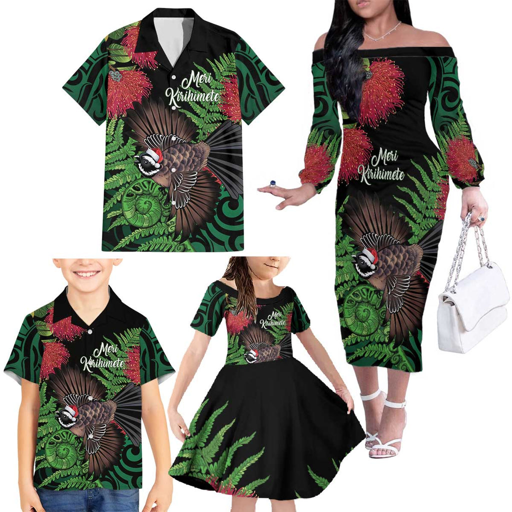 Meri Kirihimete New Zealand Family Matching Off The Shoulder Long Sleeve Dress and Hawaiian Shirt Piwakawaka Koru Fern Mix Pohutukawa - Aussie Hoodie
