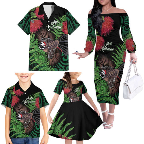 Meri Kirihimete New Zealand Family Matching Off The Shoulder Long Sleeve Dress and Hawaiian Shirt Piwakawaka Koru Fern Mix Pohutukawa - Aussie Hoodie