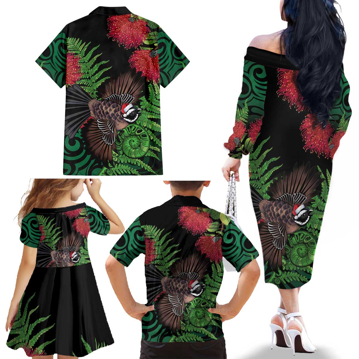 Meri Kirihimete New Zealand Family Matching Off The Shoulder Long Sleeve Dress and Hawaiian Shirt Piwakawaka Koru Fern Mix Pohutukawa - Aussie Hoodie