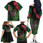Meri Kirihimete New Zealand Family Matching Off The Shoulder Long Sleeve Dress and Hawaiian Shirt Piwakawaka Koru Fern Mix Pohutukawa - Aussie Hoodie