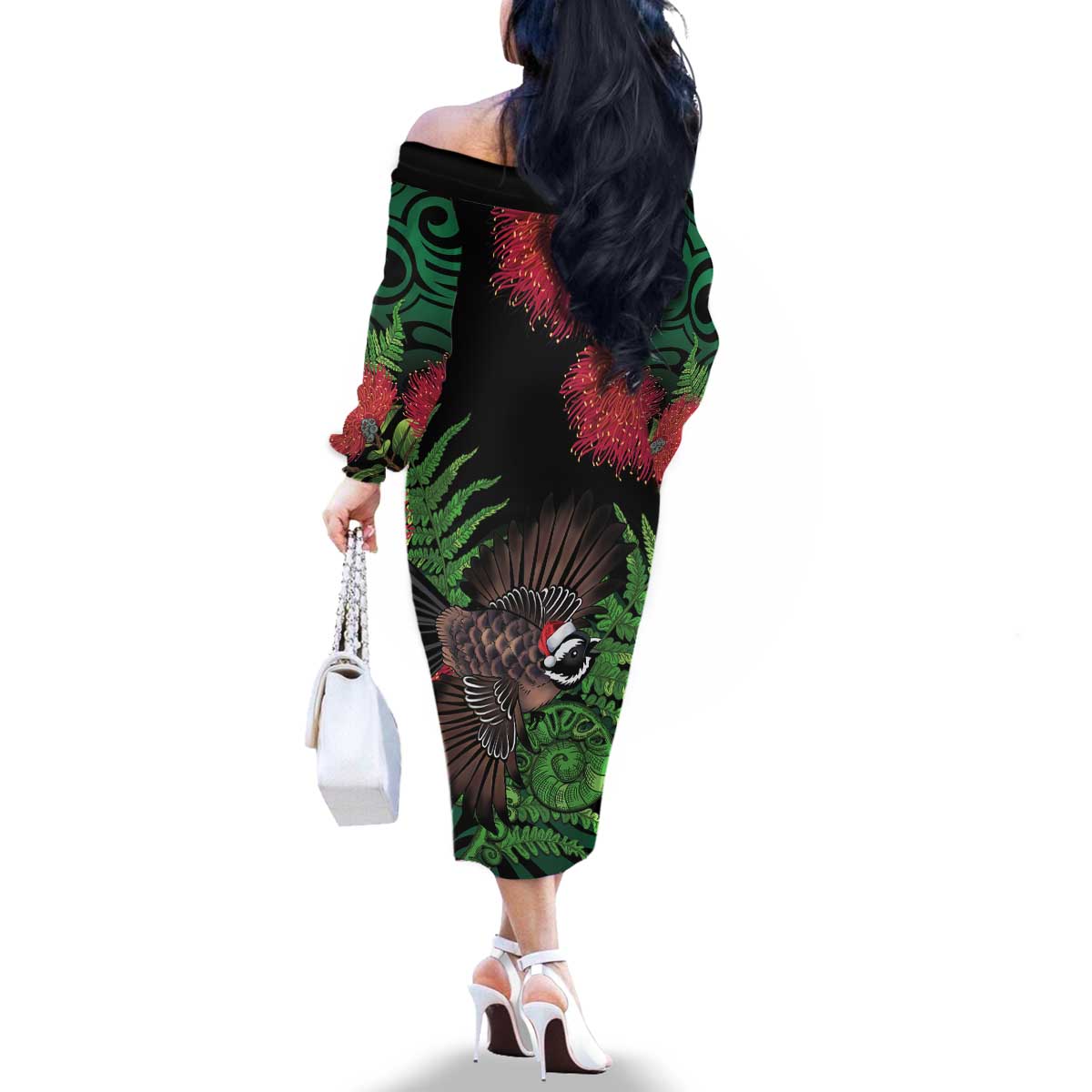 Meri Kirihimete New Zealand Family Matching Off The Shoulder Long Sleeve Dress and Hawaiian Shirt Piwakawaka Koru Fern Mix Pohutukawa - Aussie Hoodie