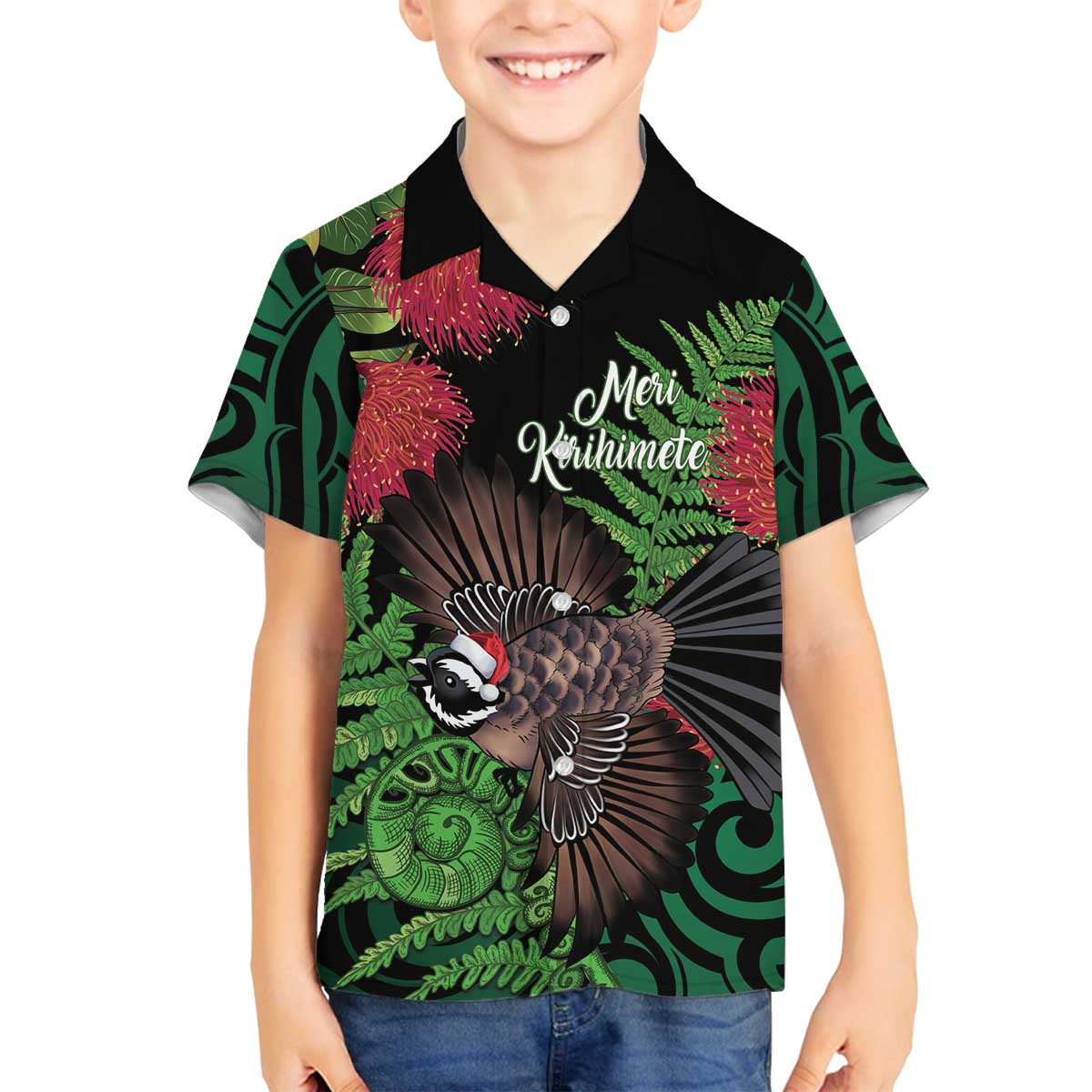 Meri Kirihimete New Zealand Family Matching Off The Shoulder Long Sleeve Dress and Hawaiian Shirt Piwakawaka Koru Fern Mix Pohutukawa - Aussie Hoodie