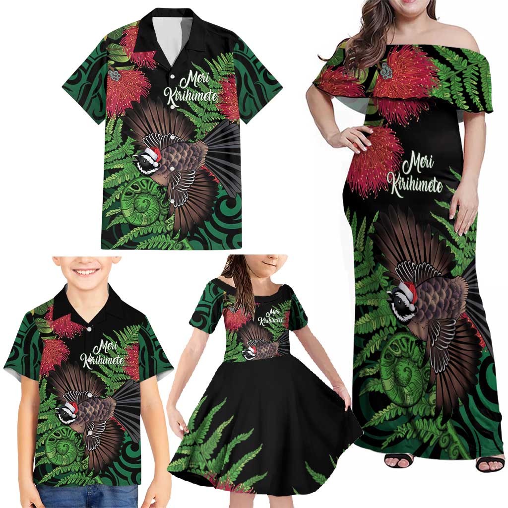 Meri Kirihimete New Zealand Family Matching Off Shoulder Maxi Dress and Hawaiian Shirt Piwakawaka Koru Fern Mix Pohutukawa - Aussie Hoodie