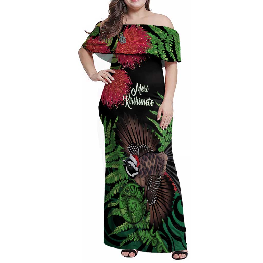 Meri Kirihimete New Zealand Family Matching Off Shoulder Maxi Dress and Hawaiian Shirt Piwakawaka Koru Fern Mix Pohutukawa - Aussie Hoodie