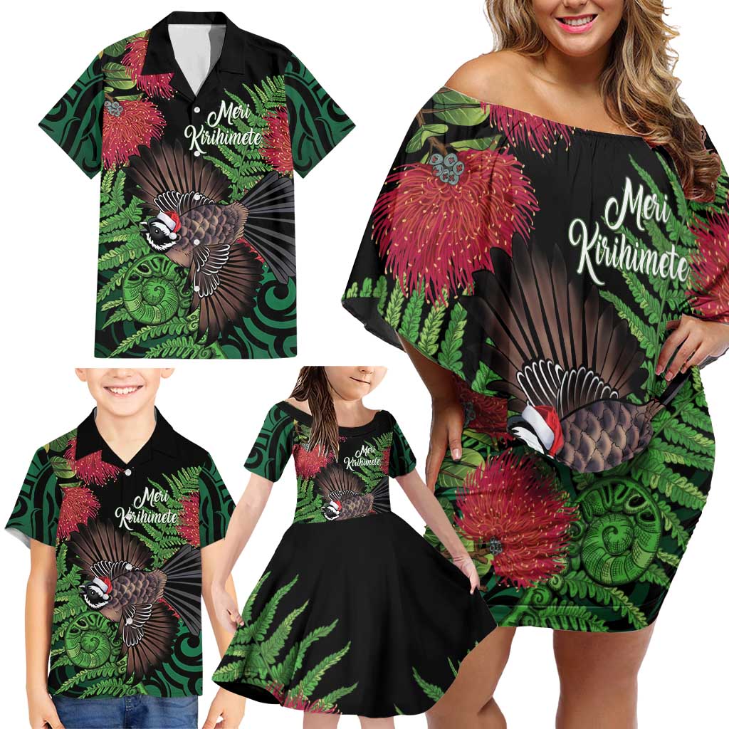 Meri Kirihimete New Zealand Family Matching Off Shoulder Short Dress and Hawaiian Shirt Piwakawaka Koru Fern Mix Pohutukawa - Aussie Hoodie