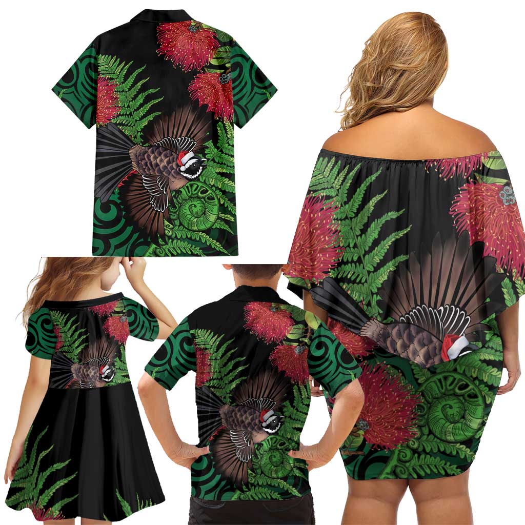 Meri Kirihimete New Zealand Family Matching Off Shoulder Short Dress and Hawaiian Shirt Piwakawaka Koru Fern Mix Pohutukawa - Aussie Hoodie