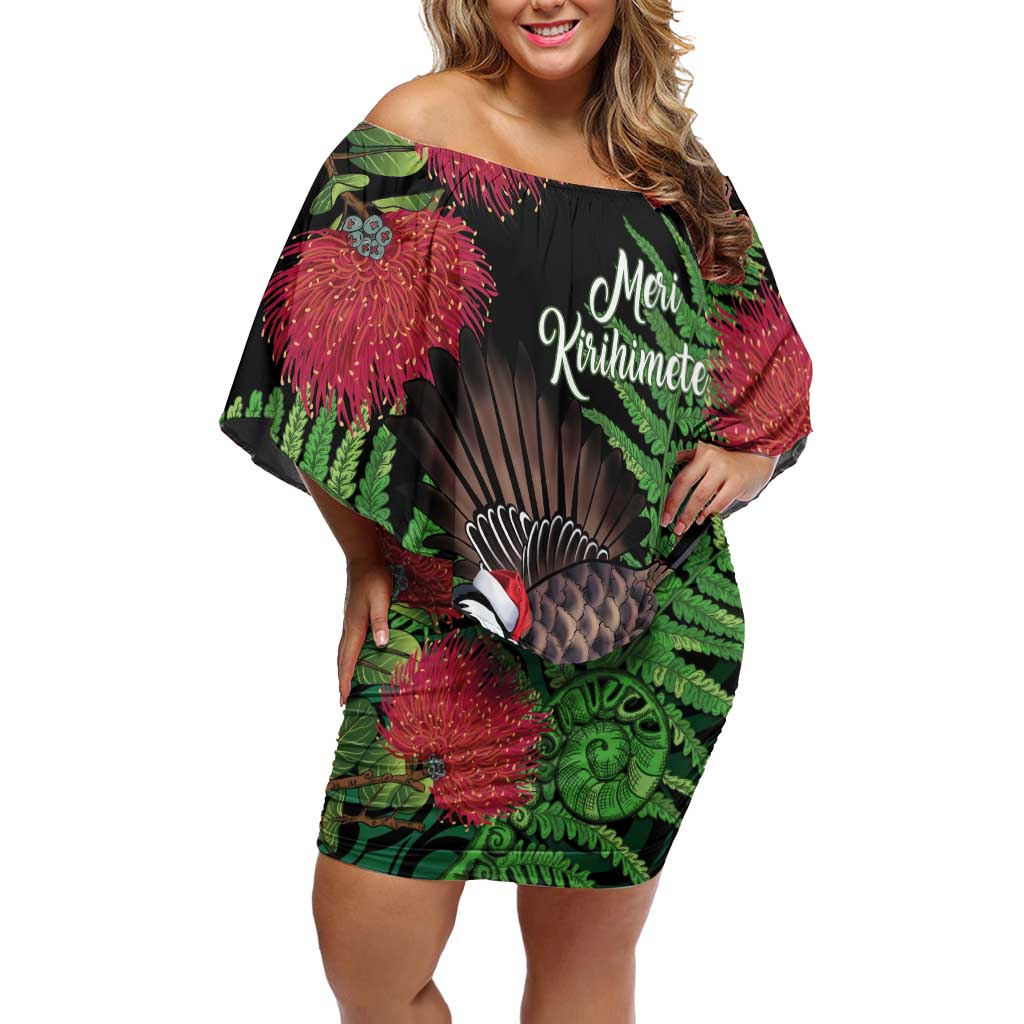 Meri Kirihimete New Zealand Family Matching Off Shoulder Short Dress and Hawaiian Shirt Piwakawaka Koru Fern Mix Pohutukawa - Aussie Hoodie