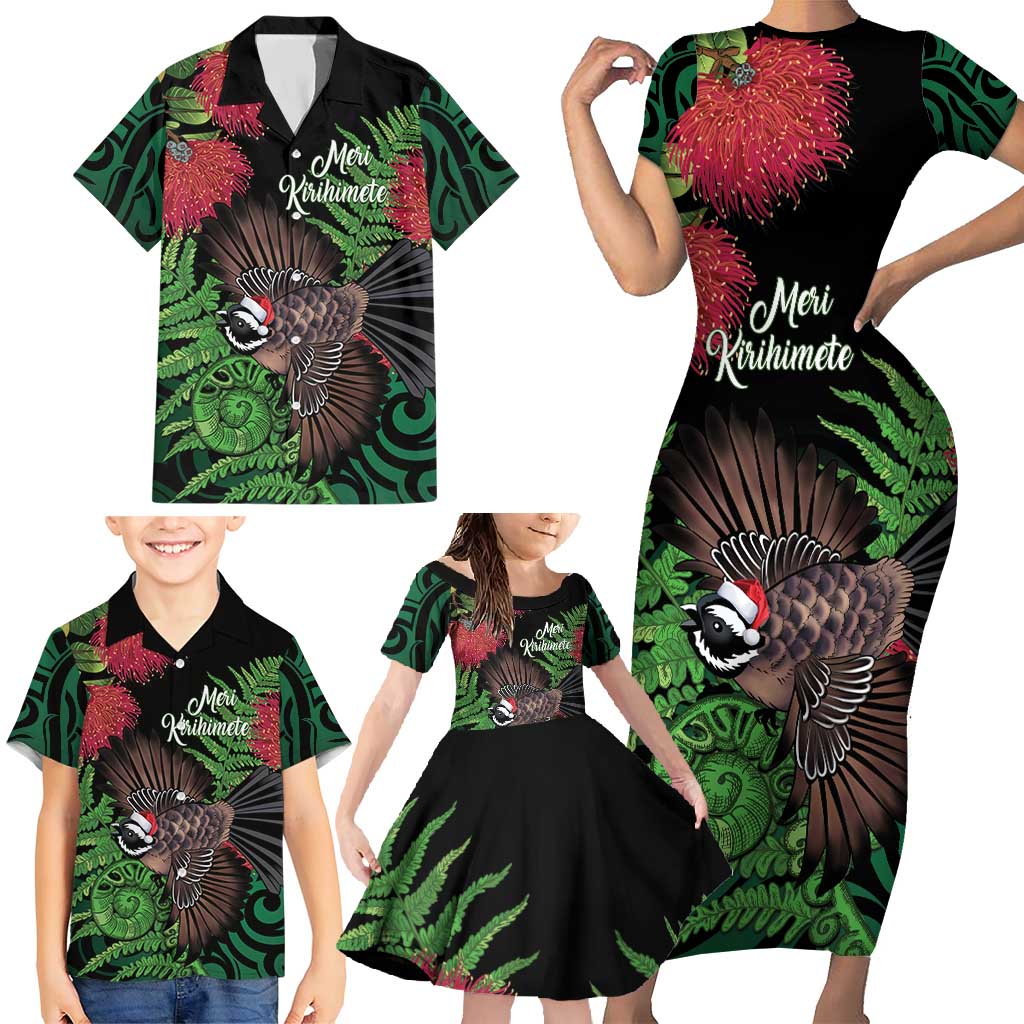 Meri Kirihimete New Zealand Family Matching Short Sleeve Bodycon Dress and Hawaiian Shirt Piwakawaka Koru Fern Mix Pohutukawa - Aussie Hoodie