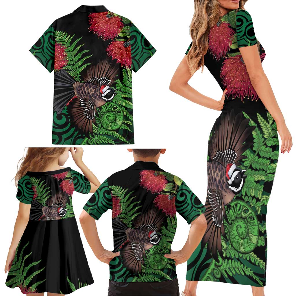 Meri Kirihimete New Zealand Family Matching Short Sleeve Bodycon Dress and Hawaiian Shirt Piwakawaka Koru Fern Mix Pohutukawa - Aussie Hoodie
