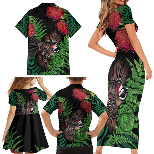 Meri Kirihimete New Zealand Family Matching Short Sleeve Bodycon Dress and Hawaiian Shirt Piwakawaka Koru Fern Mix Pohutukawa - Aussie Hoodie